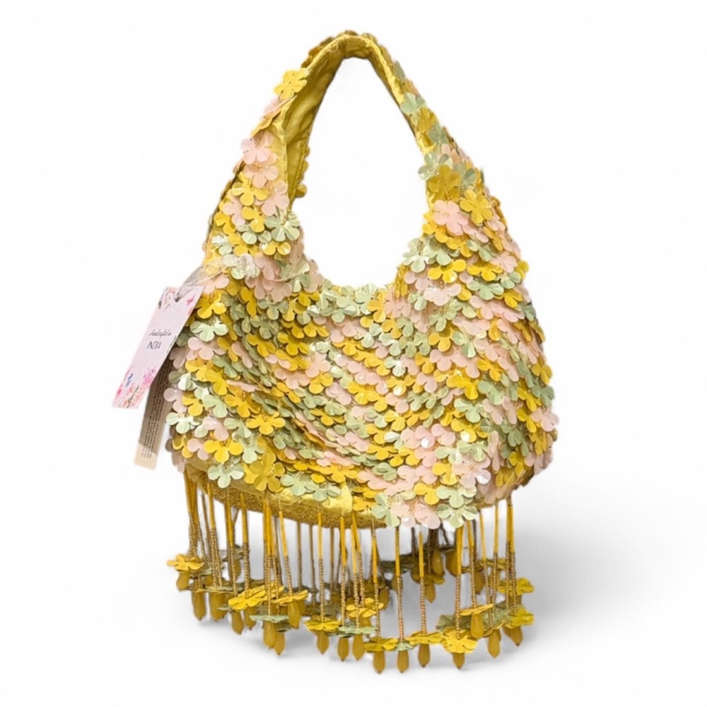 Pastel Floral Sequin 3D Appliqué Beaded Fringe Mini Bag NWT